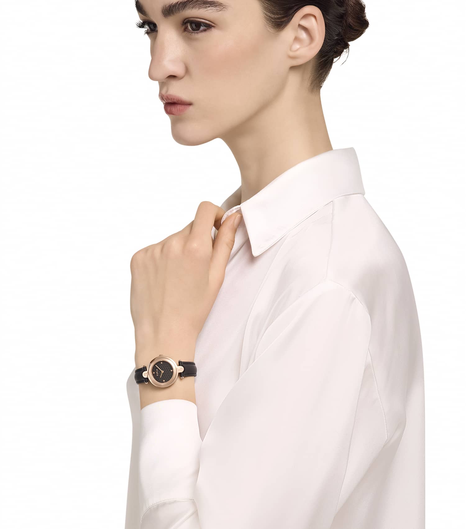 Rose Gold case - Black leather strap - Black textured dial