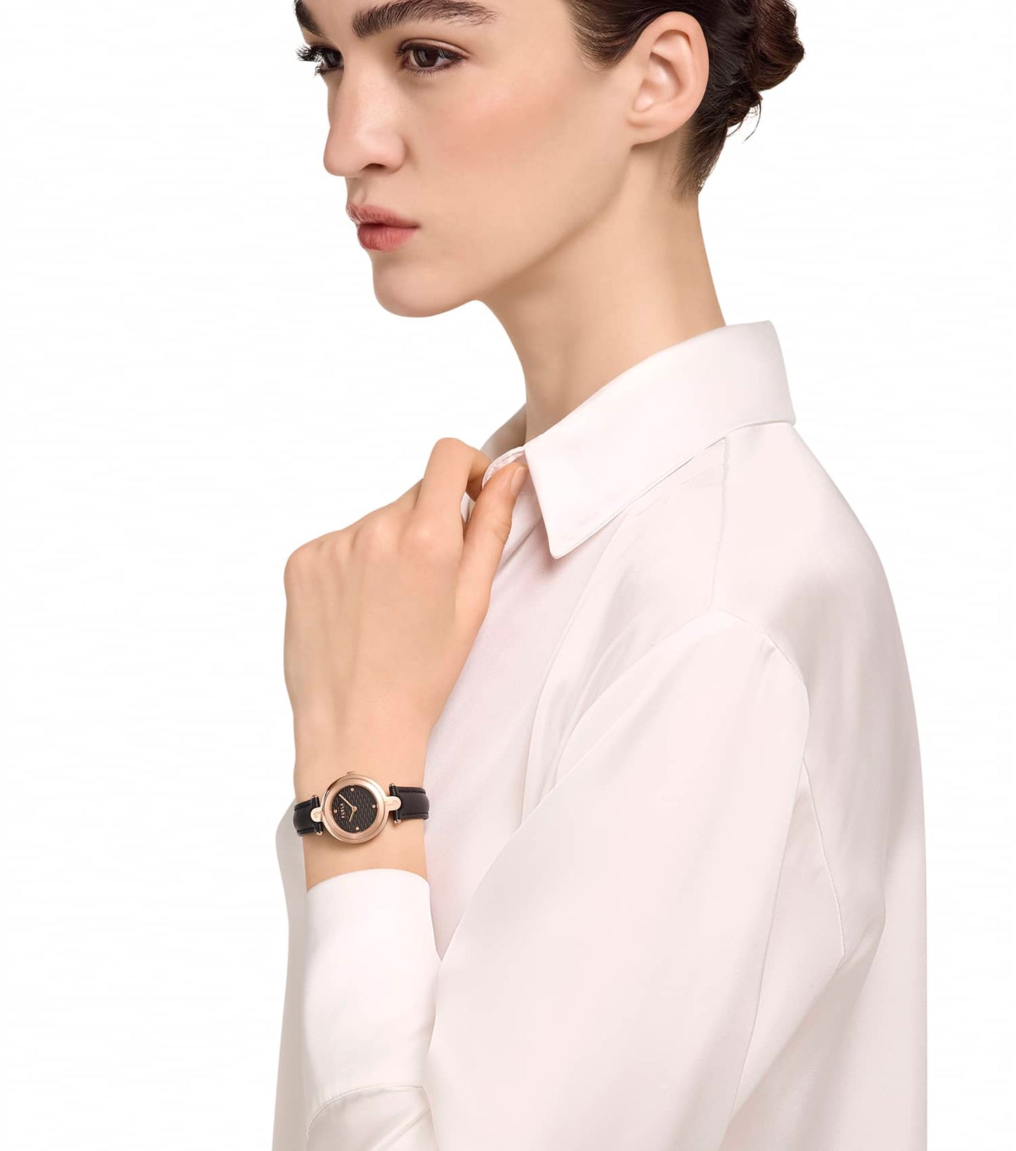 Rose Gold case - Black leather strap - Black textured dial