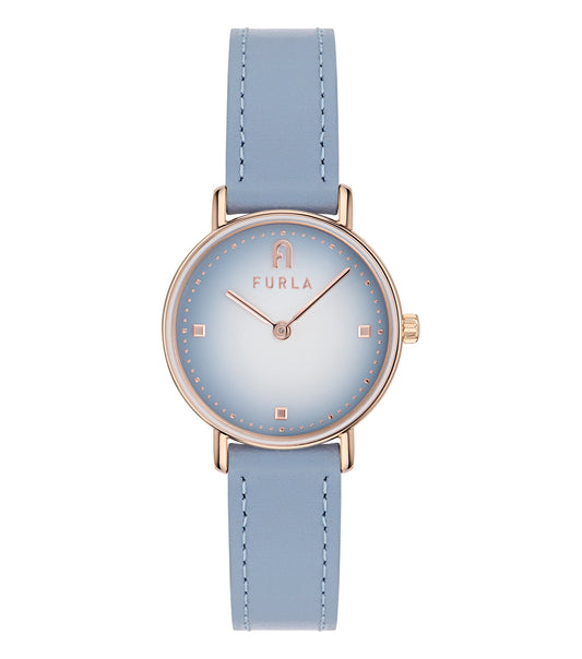 Furla Net, a sleek blue wristwatch, close-up from the front angle, showcasing its elegant design and precise craftsmanship.