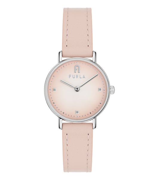 Furla pink watch with a net strap, displayed in a front angle. Elegant design for watch enthusiasts seeking a stylish timepiece.