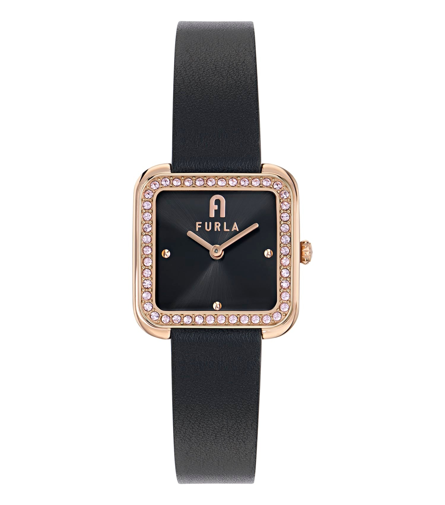 Furla women's black leather watch with gold accents and elegant design, side angle, showcasing sleek face and comfortable strap.