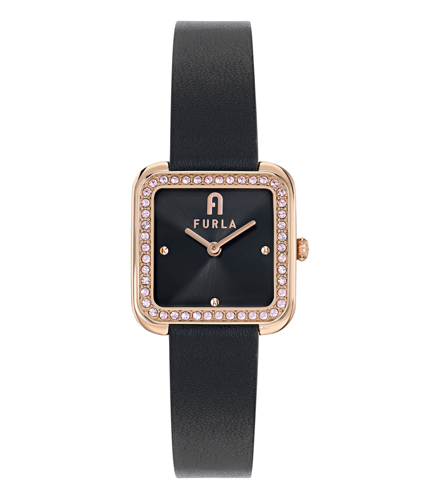 Furla women's black leather watch with gold accents and elegant design, side angle, showcasing sleek face and comfortable strap.