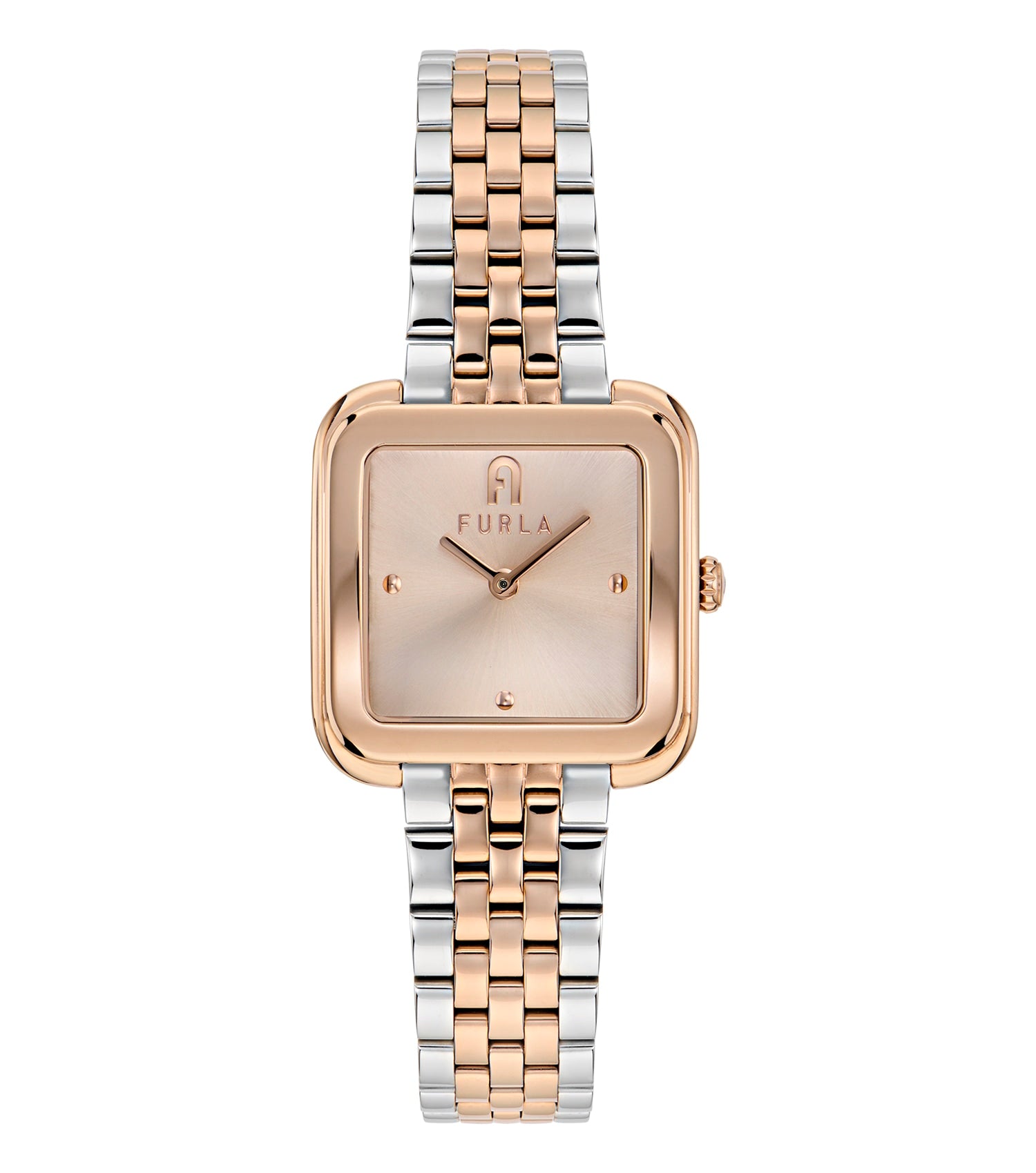Furla Diamante Rose Gold Watch: angled view showcasing round dial, elegant rose gold bracelet, and luminescent hour markers.