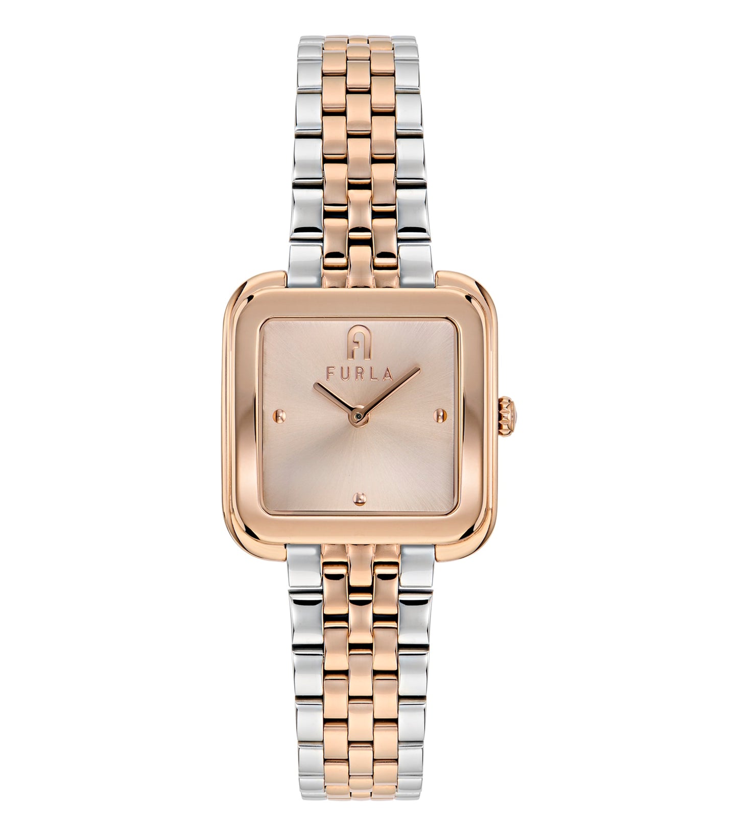 Furla Diamante Rose Gold Watch: angled view showcasing round dial, elegant rose gold bracelet, and luminescent hour markers.
