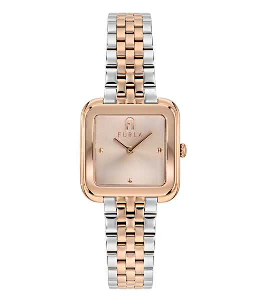 Furla Diamante Rose Gold Watch: angled view showcasing round dial, elegant rose gold bracelet, and luminescent hour markers.