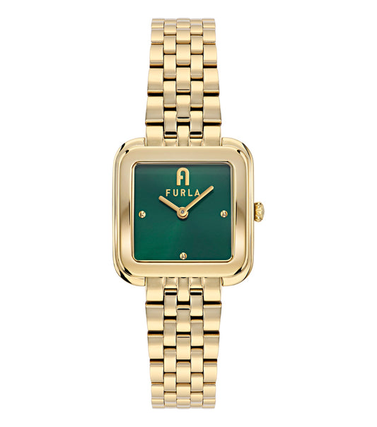 Diamante green Furla watch with bold silver dial, intricate detailing, side angle view, elegant design, timeless fashion statement.