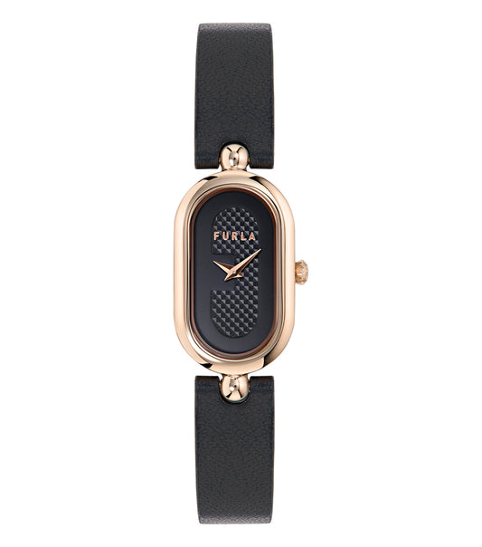Furla black watch with round dial and classic silver accents on a full display angle, showcasing elegant timepiece design.