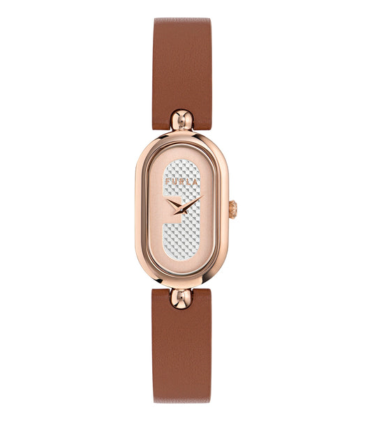 Furla brown watch, angled top view, showcasing elegant leather strap, silver detailing, and minimalistic design in a serene setup.