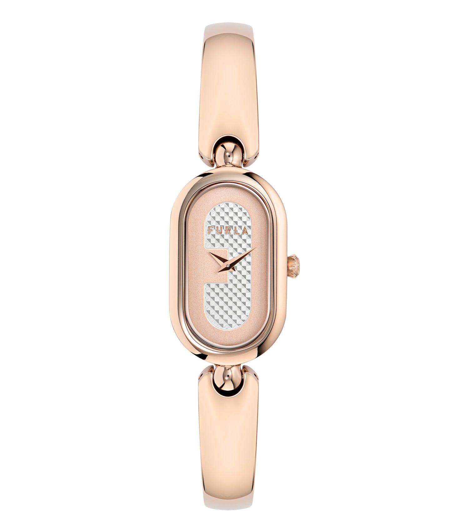 Furla Ooh, Rose Gold watch with easygoing flow, showcasing a round face and elegant straps, angled slightly from above.
