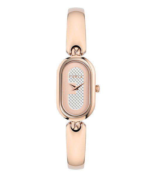 Furla Ooh, Rose Gold watch with easygoing flow, showcasing a round face and elegant straps, angled slightly from above.
