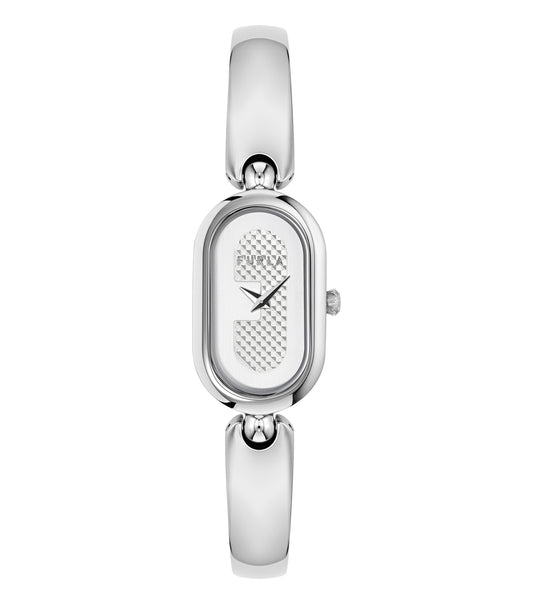 Furla silver watch with a sleek case, mesh strap, and minimalist design; front view highlights elegance and craftsmanship.