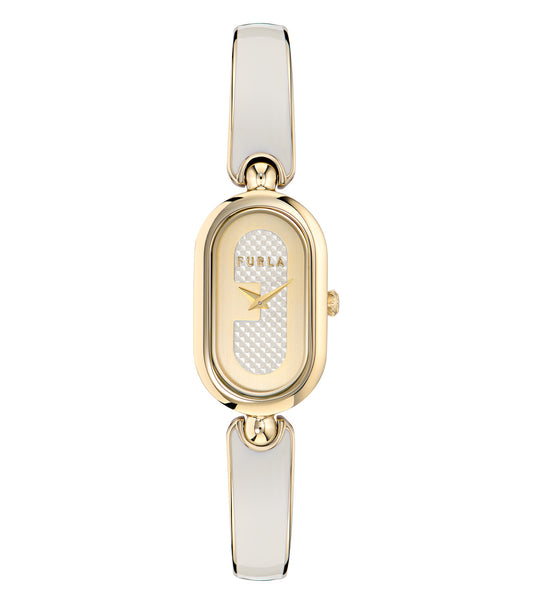 Yellow Gold case  Yellow Gold bangle White Panna enamel  White dial