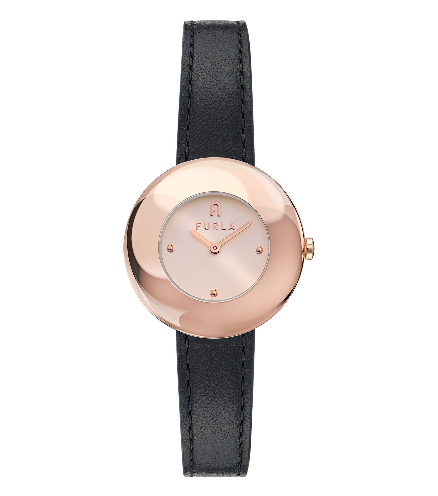 Rose Gold case  Black leather strap  Rose Gold dial