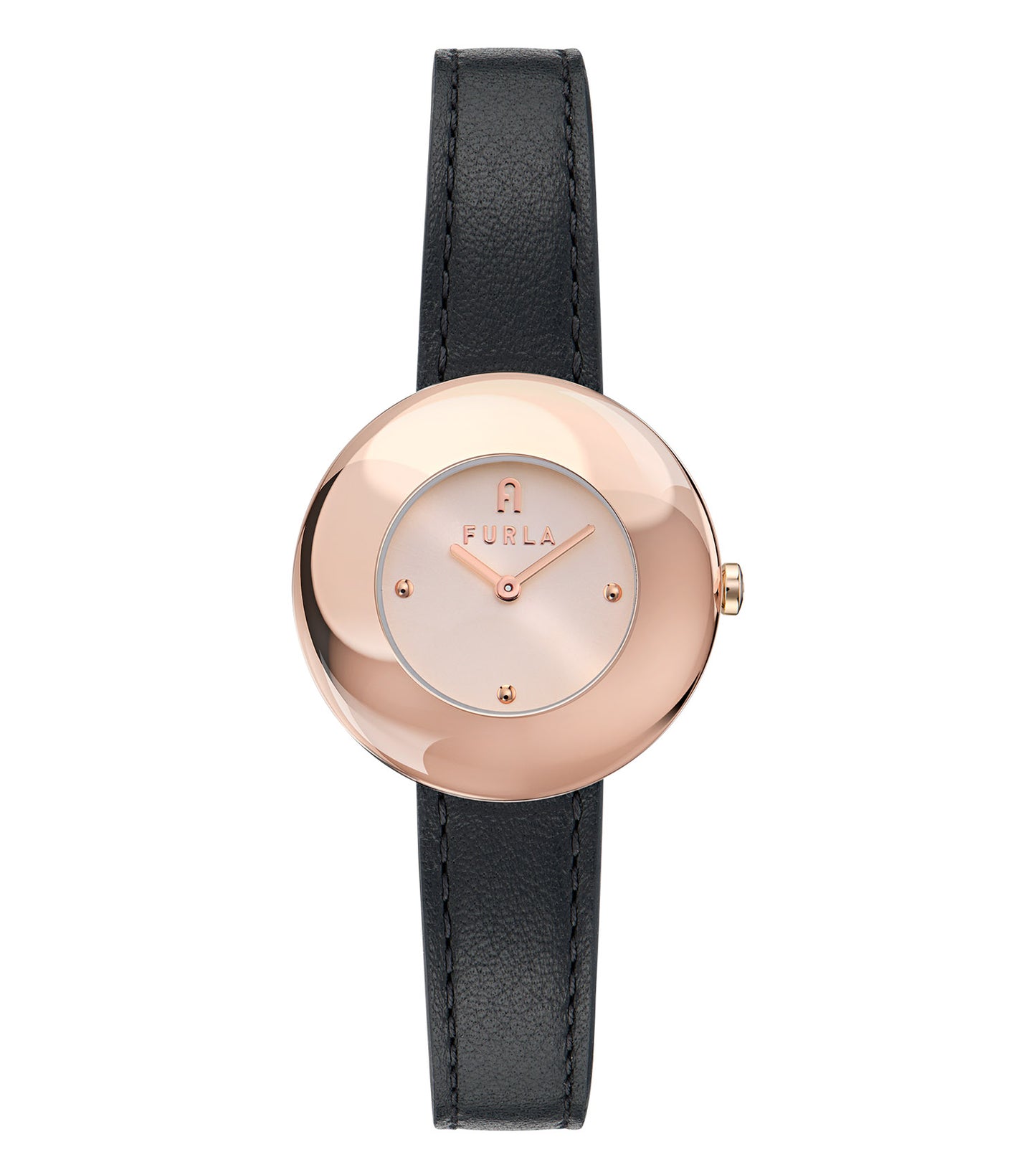 Rose Gold case  Black leather strap  Rose Gold dial