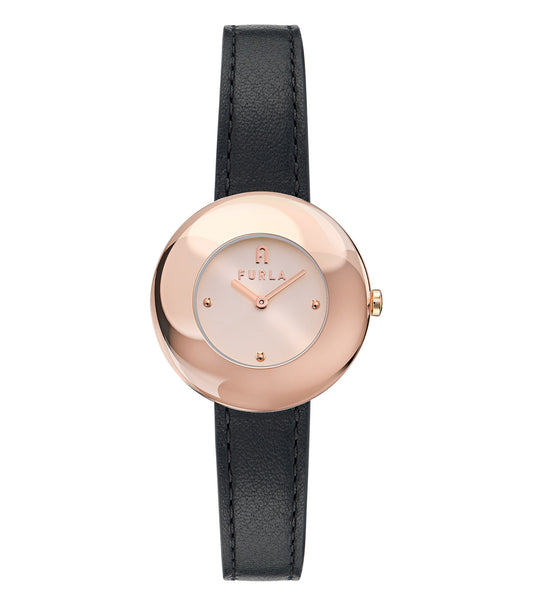 Rose Gold case  Black leather strap  Rose Gold dial