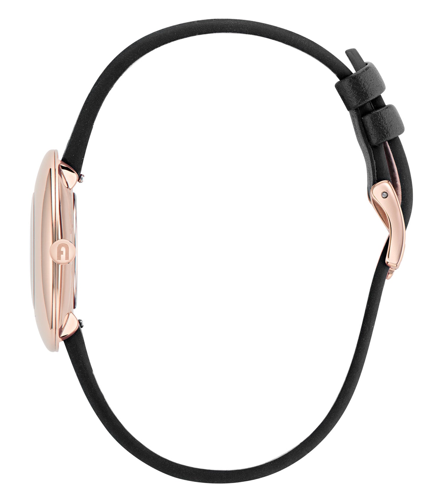Rose Gold case  Black leather strap  Rose Gold dial