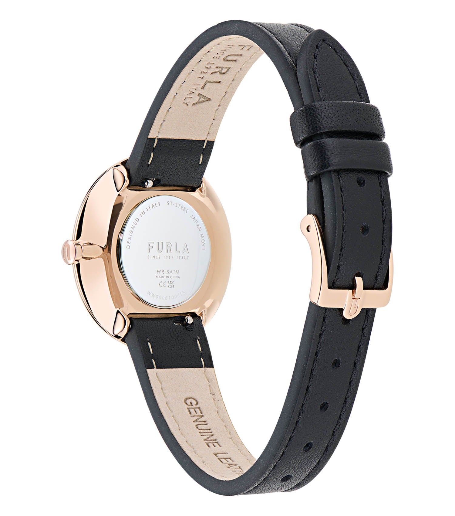 Rose Gold case  Black leather strap  Rose Gold dial