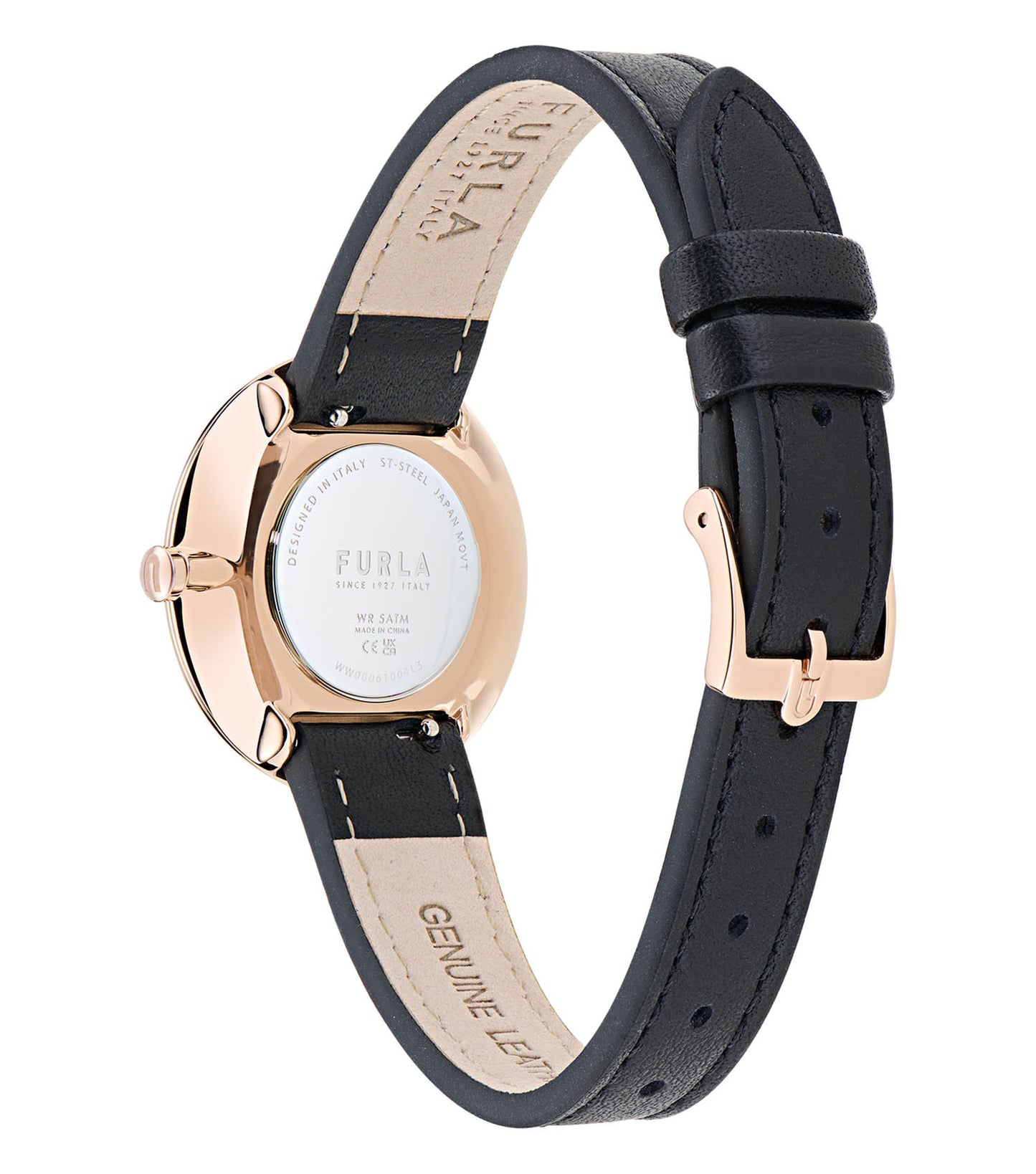 Rose Gold case  Black leather strap  Rose Gold dial