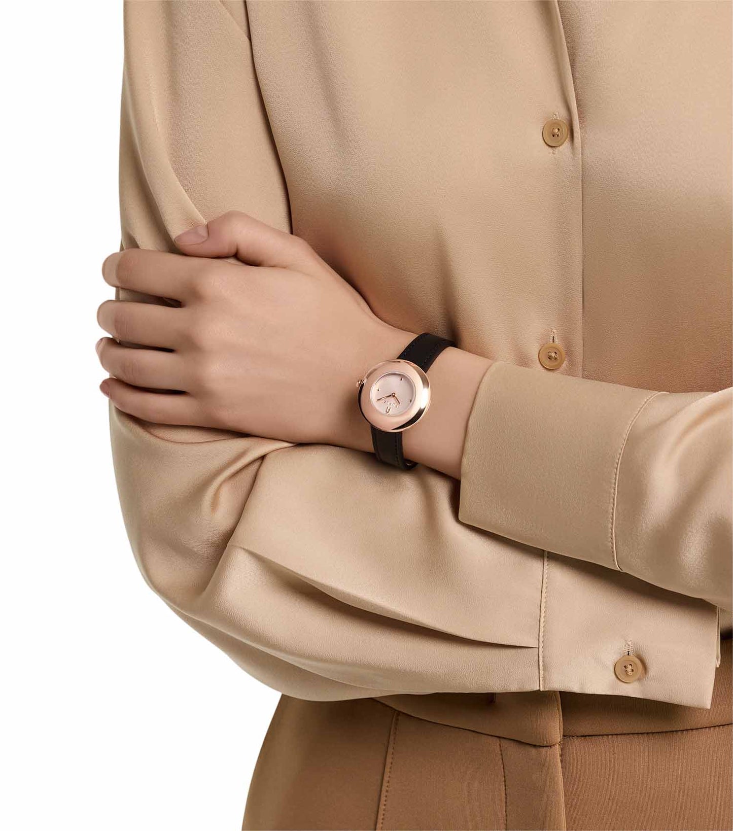 Rose Gold case  Black leather strap  Rose Gold dial