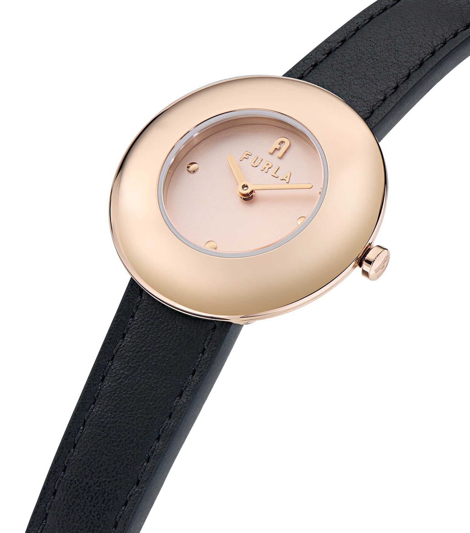 Rose Gold case  Black leather strap  Rose Gold dial