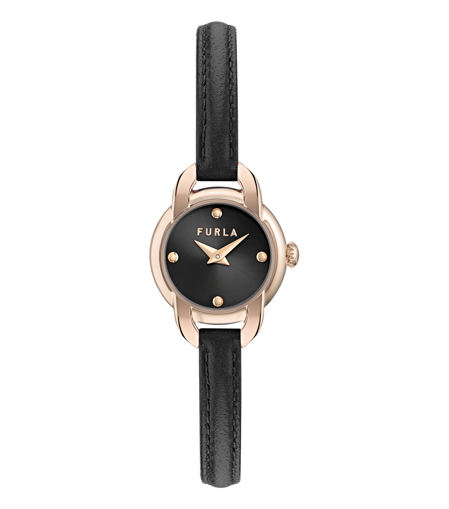 Rose Gold case - Black leather strap - Black dial