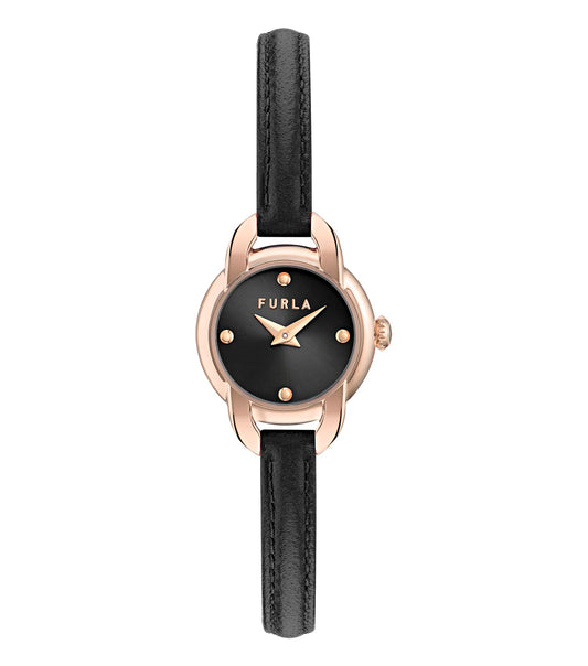 Rose Gold case - Black leather strap - Black dial