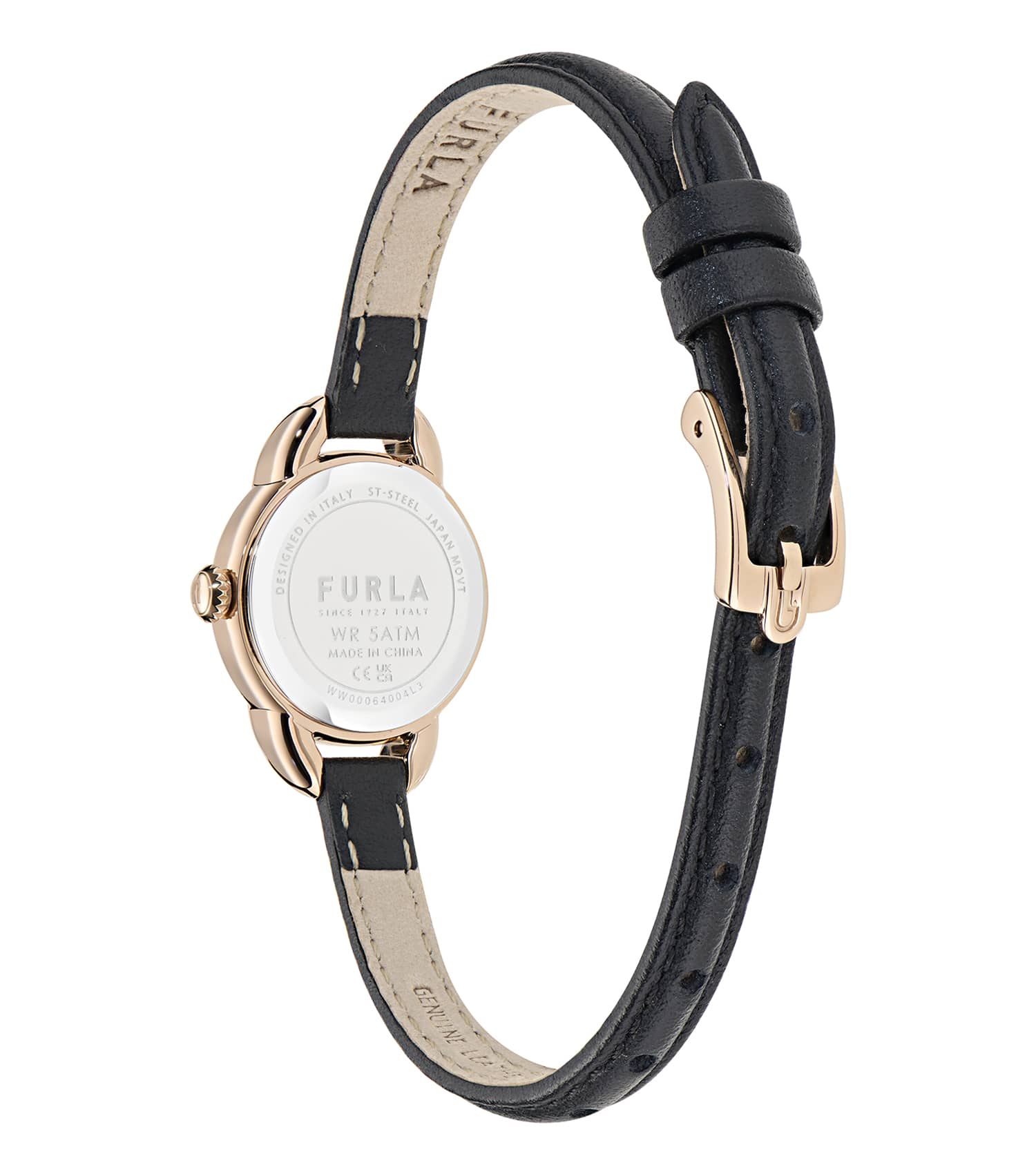 Rose Gold case - Black leather strap - Black dial