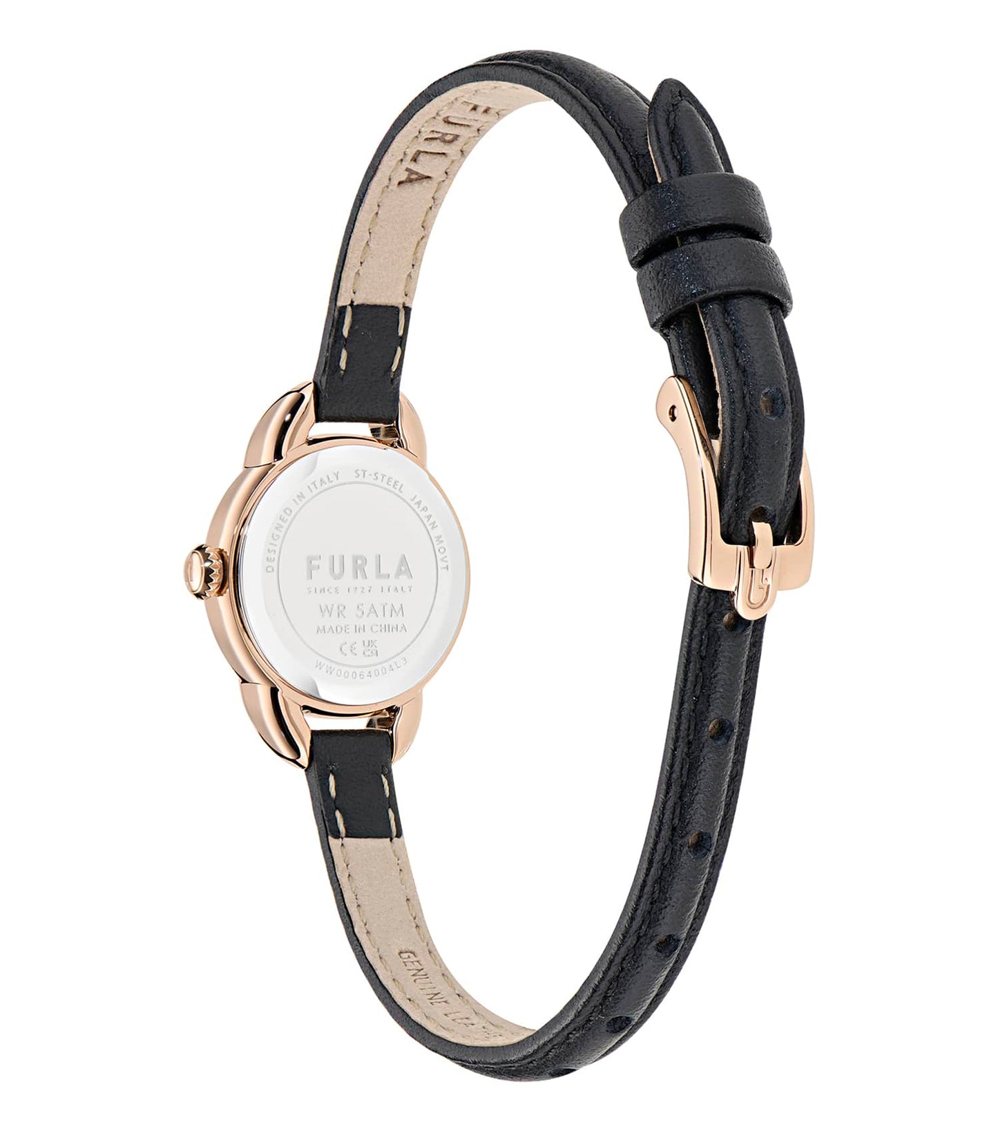 Rose Gold case - Black leather strap - Black dial