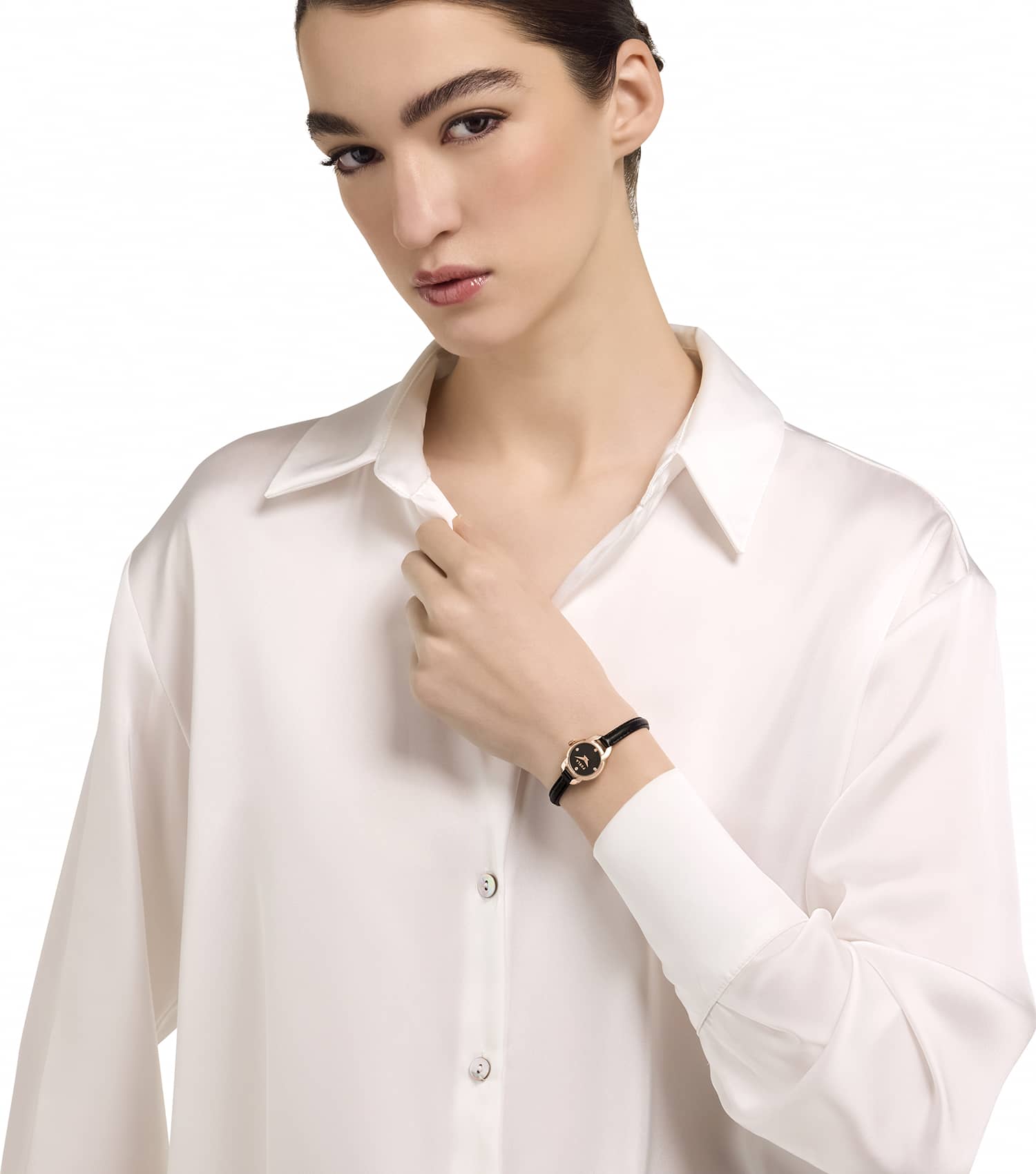 Rose Gold case - Black leather strap - Black dial