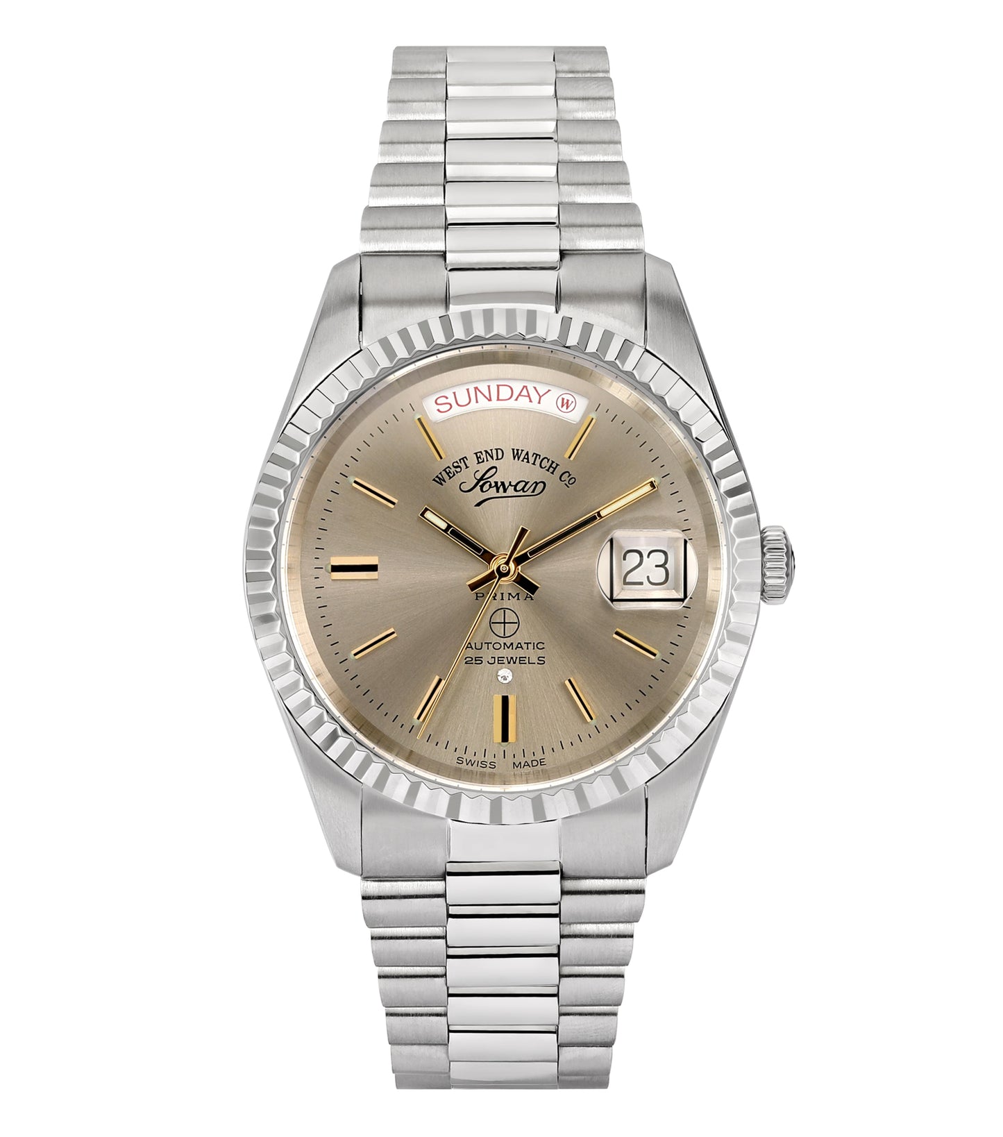 Silver-colored West End watch with elegant design, showcasing its stunning round dial and intricate details, angled from left 37 degrees.