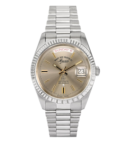 Silver-colored West End watch with elegant design, showcasing its stunning round dial and intricate details, angled from left 37 degrees.