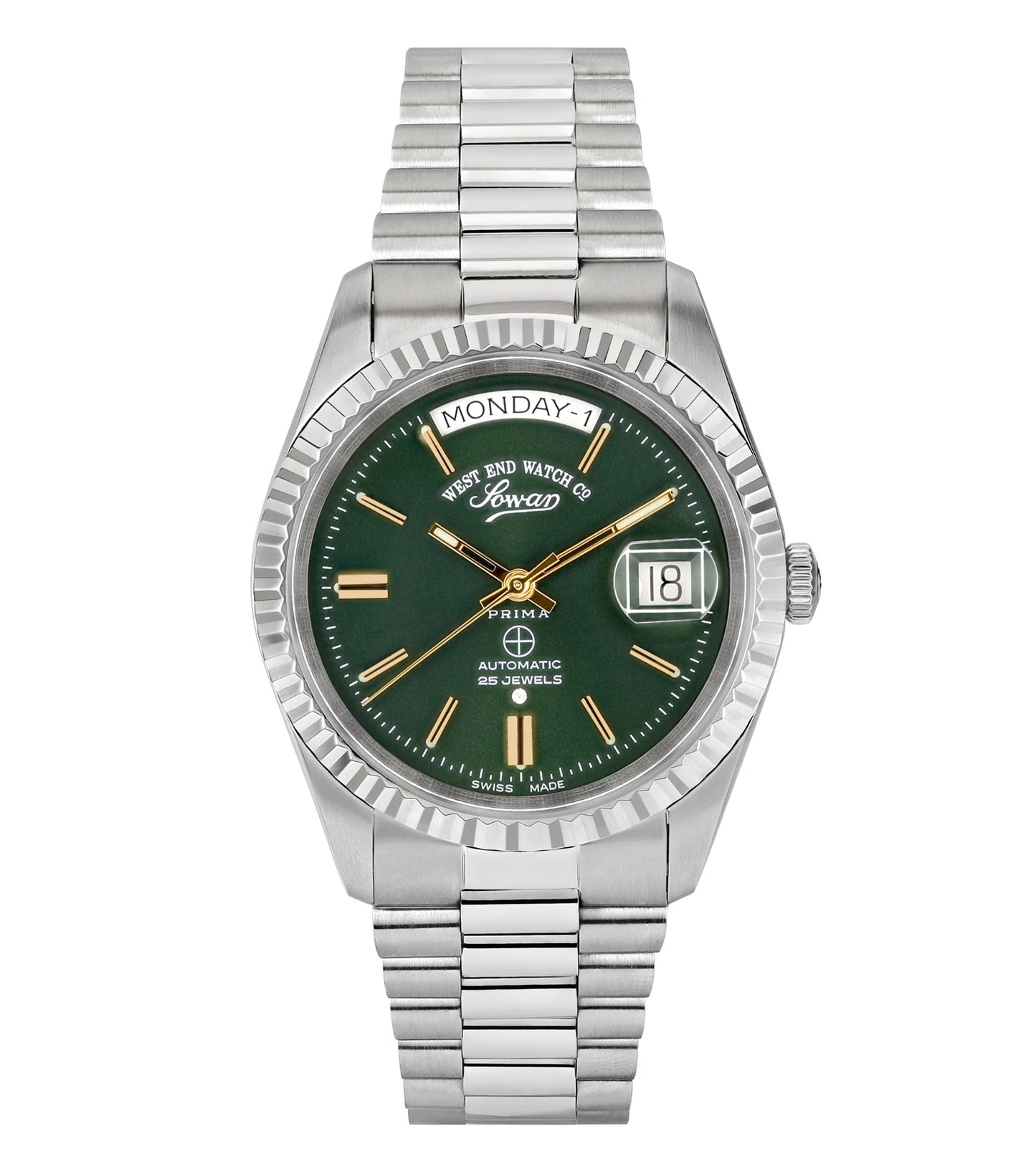 Silver West End watch with a sleek stainless steel band, captured at a 37-degree angle, highlighting its classic round face design.
