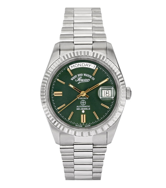 Silver West End watch with a sleek stainless steel band, captured at a 37-degree angle, highlighting its classic round face design.