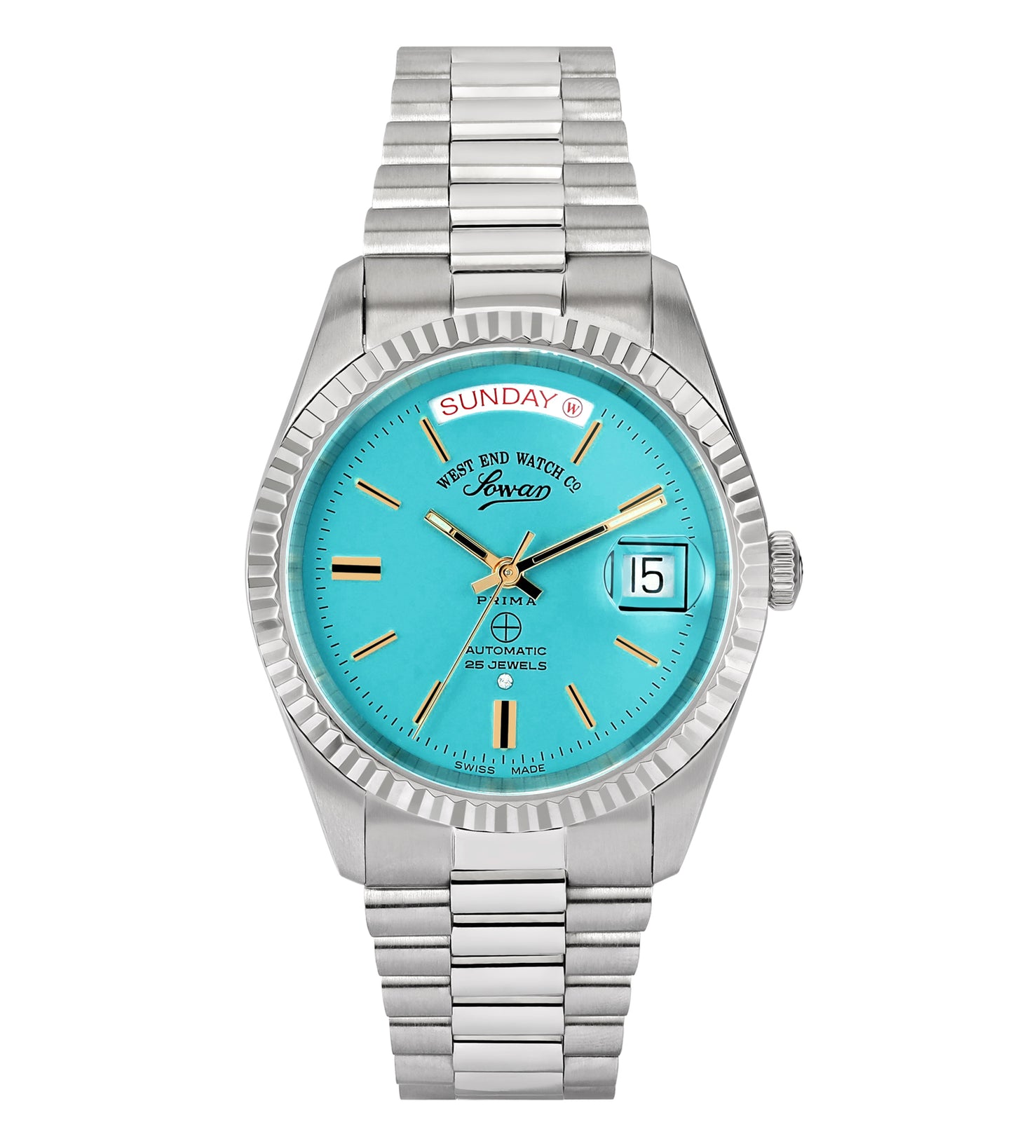 Silver West End watch with a sleek design, front angle showcasing minimalist dial and refined bracelet, embodying timeless elegance.