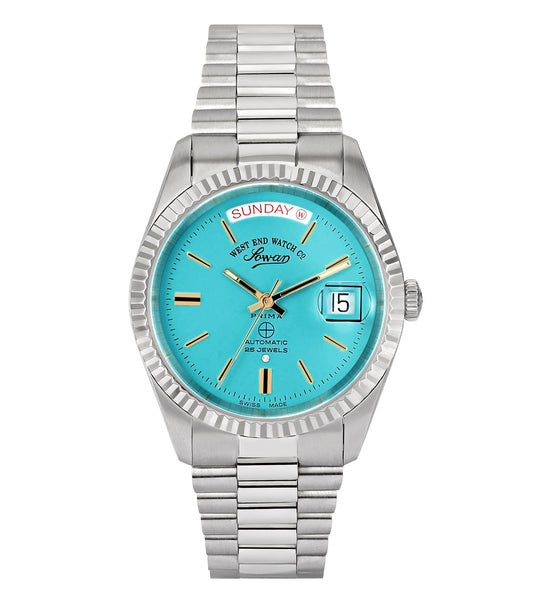 Silver West End watch with a sleek design, front angle showcasing minimalist dial and refined bracelet, embodying timeless elegance.