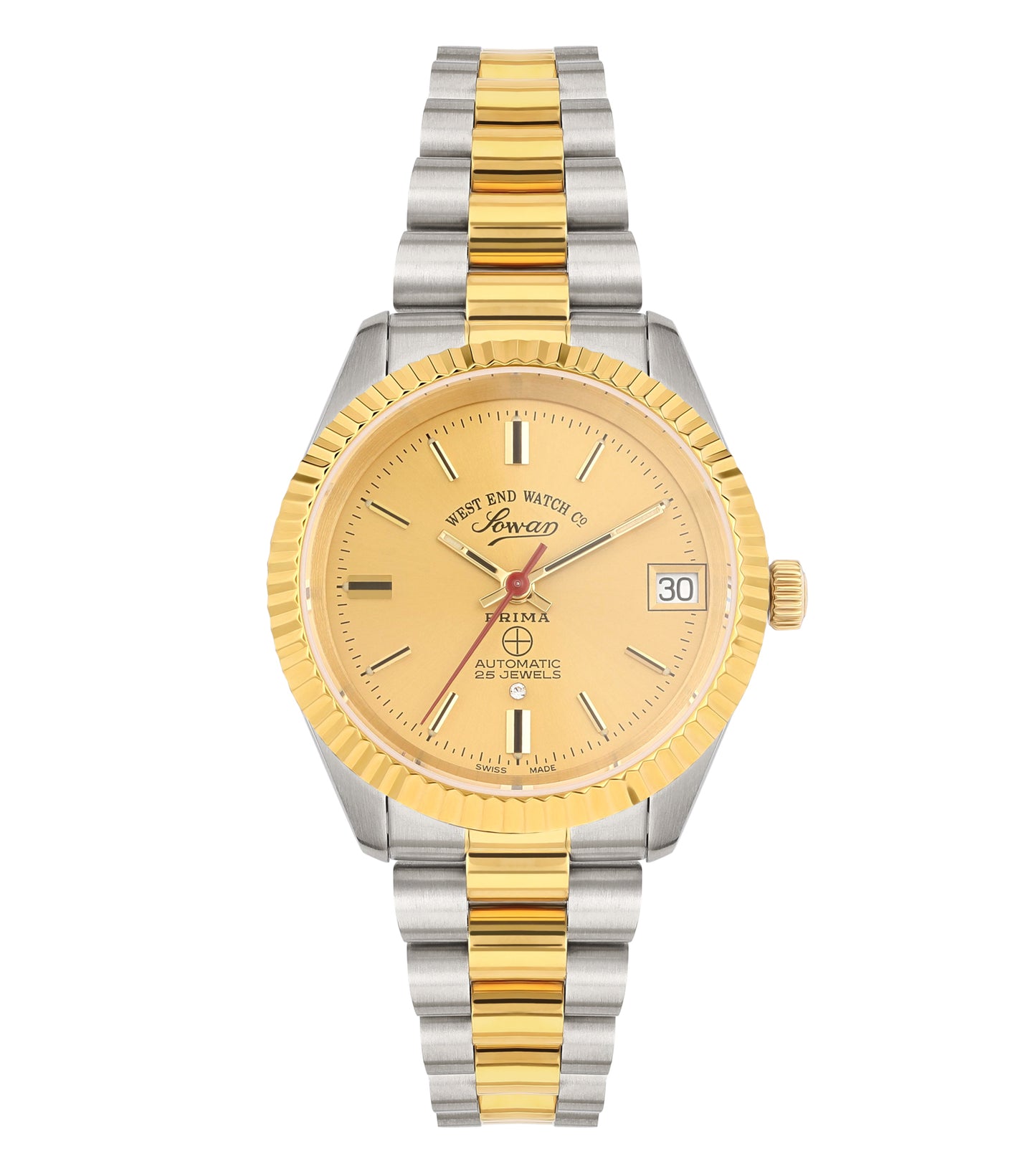West End luxury two-tone watch, angled view displaying elegant dial, exquisite craftsmanship, precise detailing, modern charm.