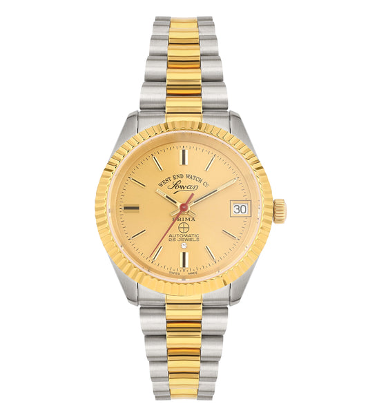 West End luxury two-tone watch, angled view displaying elegant dial, exquisite craftsmanship, precise detailing, modern charm.