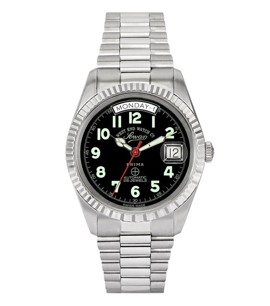 Discover the West End The Classics watch in a striking black color, angled elegantly for a detailed front view.
