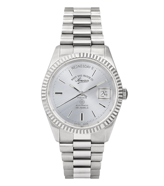 Silver West End watch at a 3 o'clock angle, showcasing elegant round face, sleek stainless steel band, and minimalist design.