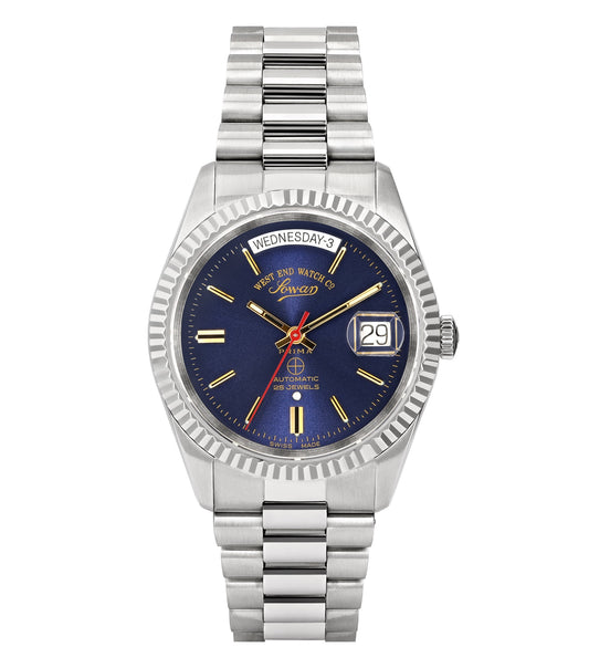 West End elegant black watch with silver details, capturing a classic side view showcasing its premium craftsmanship and design.
