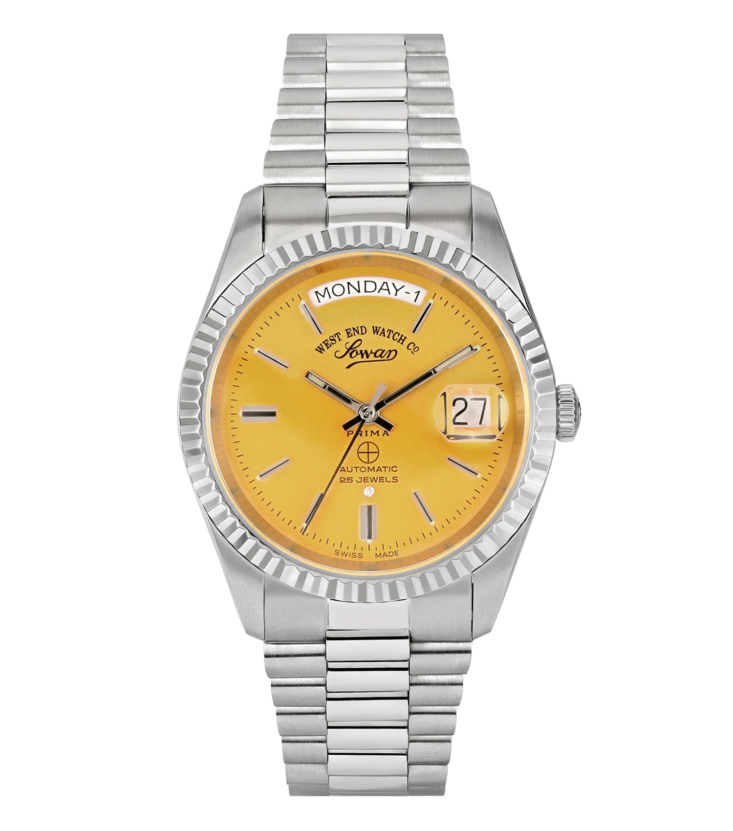 West End silver watch with vibrant yellow dial, front angle; sleek design captures timeless elegance and modern style.