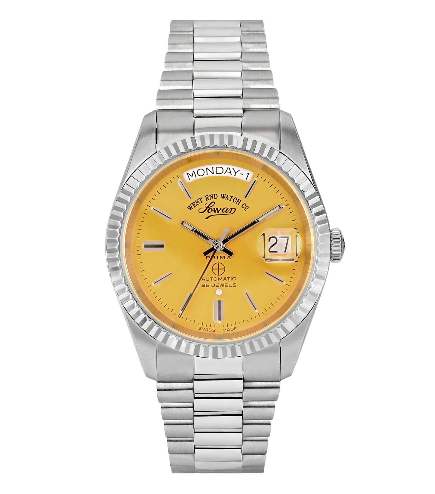 West End silver watch with vibrant yellow dial, front angle; sleek design captures timeless elegance and modern style.