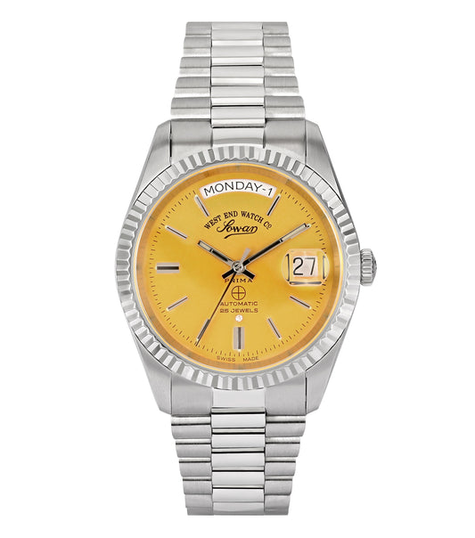West End silver watch with vibrant yellow dial, front angle; sleek design captures timeless elegance and modern style.
