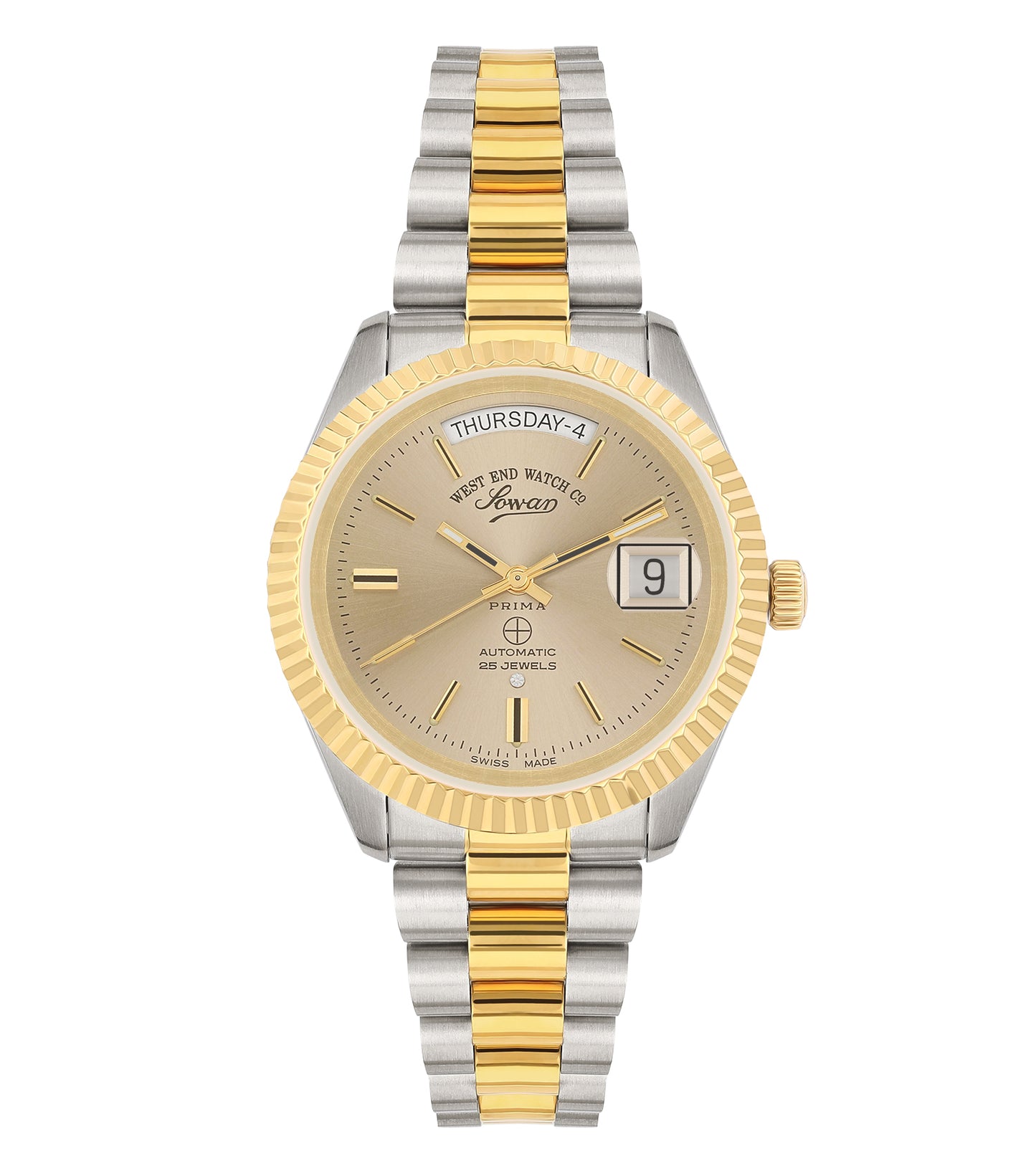 Elegant West End watch with radiant stainless steel finish, black dial, and silver accents showcased in front-facing angle.