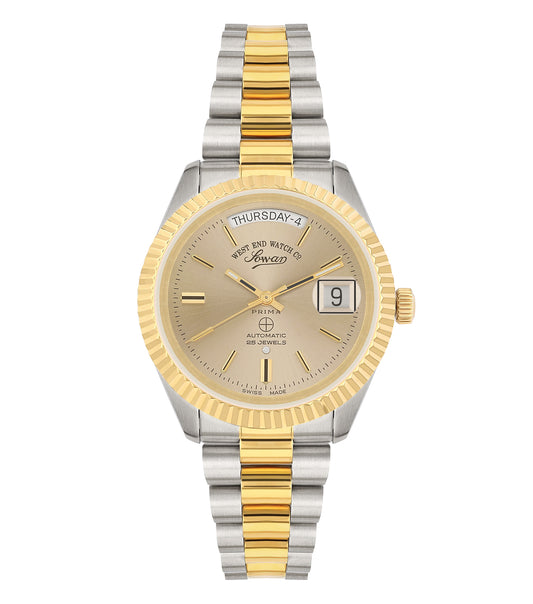 Elegant West End watch with radiant stainless steel finish, black dial, and silver accents showcased in front-facing angle.