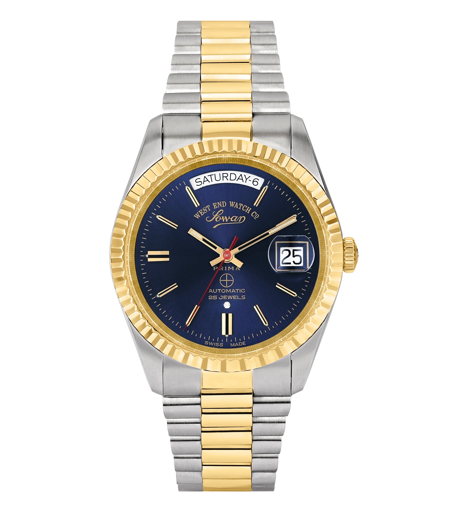 West End watch with unknown distinct color, featuring a round dial and date display, captured at a slightly tilted angle.