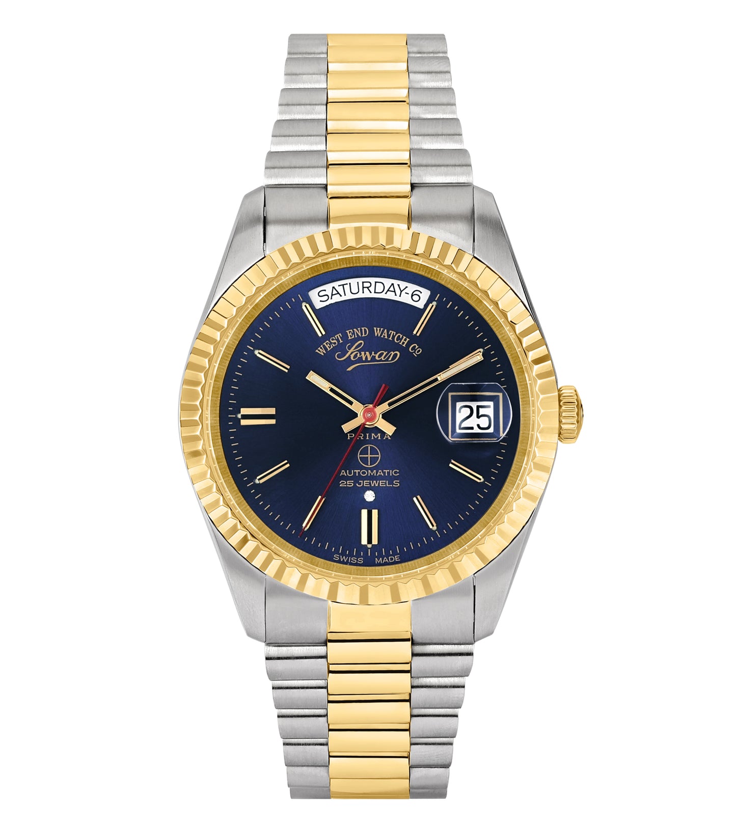 West End watch with unknown distinct color, featuring a round dial and date display, captured at a slightly tilted angle.