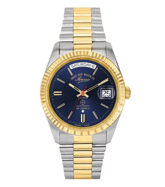 West End watch with unknown distinct color, featuring a round dial and date display, captured at a slightly tilted angle.