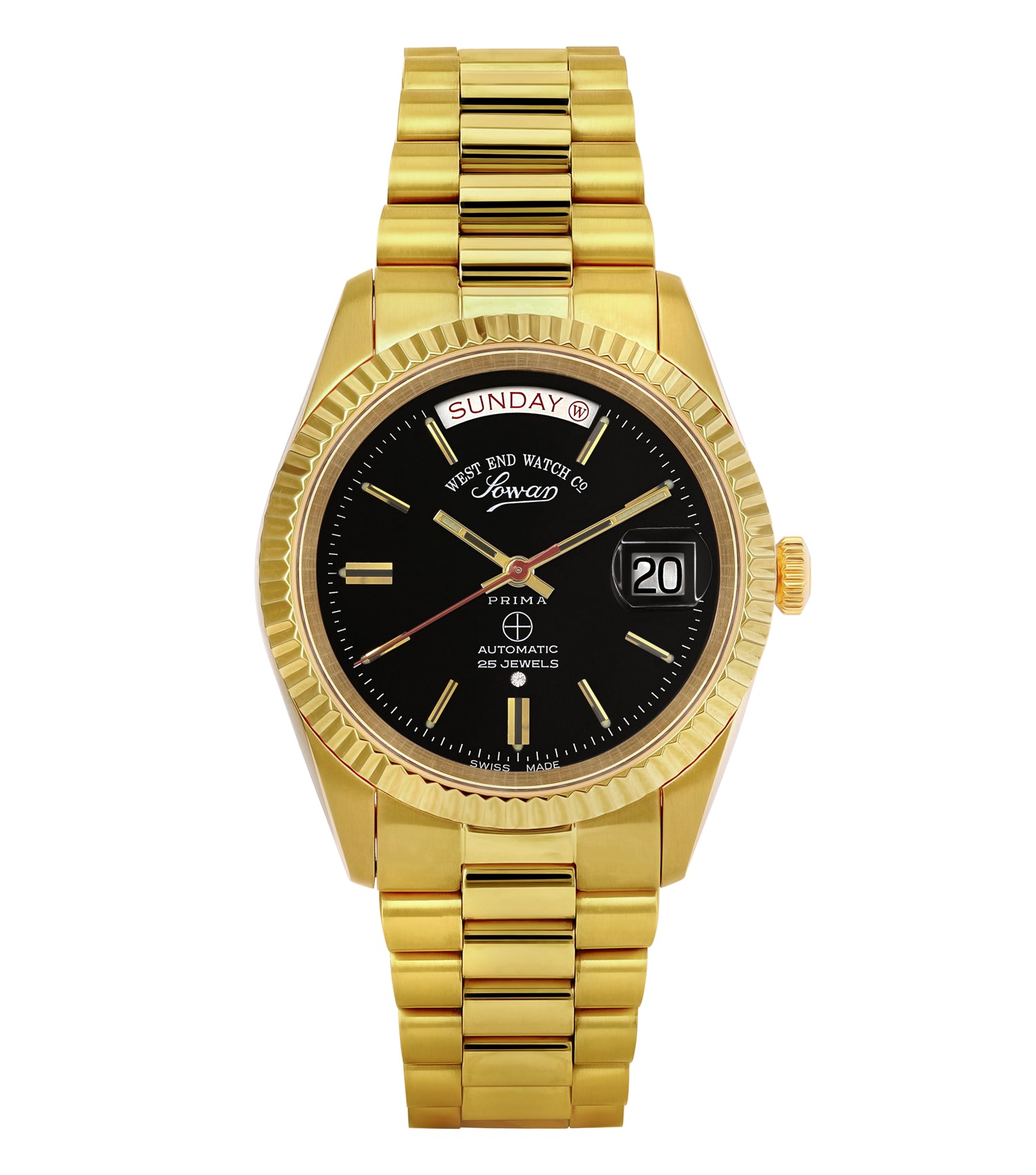 West End 'The Classics' watch featuring a sleek gold-tone dial and strap, front angle shot showcasing timeless elegance.