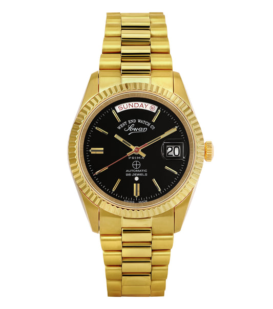 West End 'The Classics' watch featuring a sleek gold-tone dial and strap, front angle shot showcasing timeless elegance.